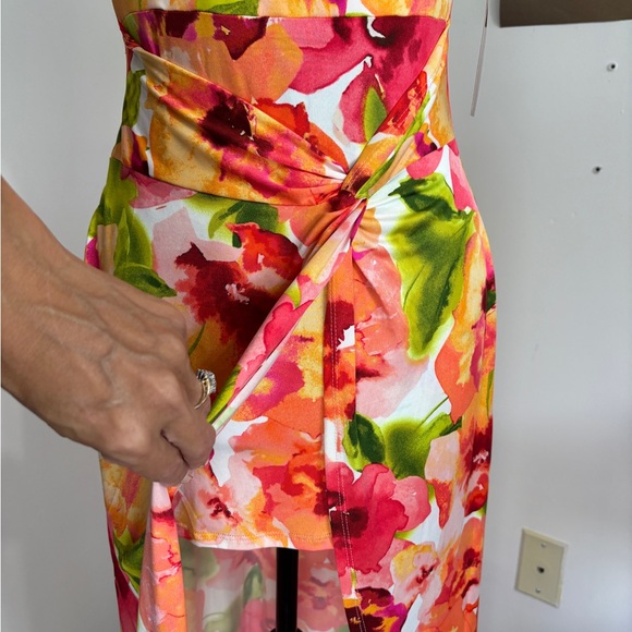 NWT Haute Monde Vibrant Floral Bodycon Split Faux Tie Dress size Small - Picture 3 of 6